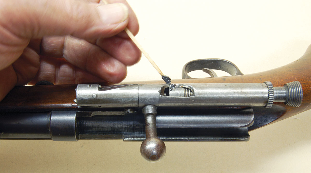 The trigger directly contacts the firing pin of most inexpensive 22 rimfires. This point must be greased to prevent wear.